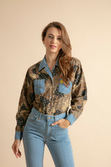 Denim Shirt with Printed Corduroy for Women