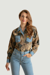 Denim Shirt with Printed Corduroy for Women