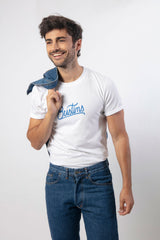 Camiseta con Lettering Bustins Azul Unisex