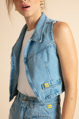 Women's light blue denim vest by Bustins Jeans