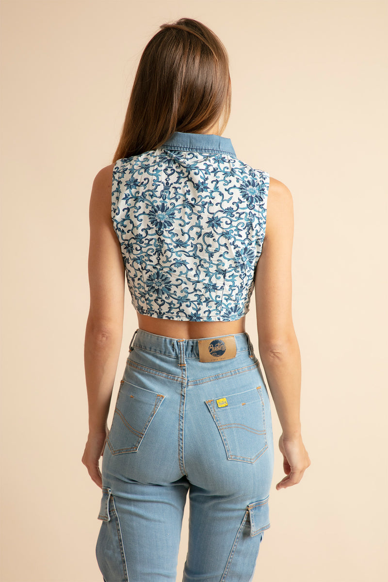 Denim Top with Floral Print