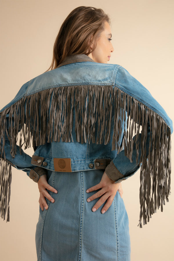 Detail of the bangs on a women's denim jacket
