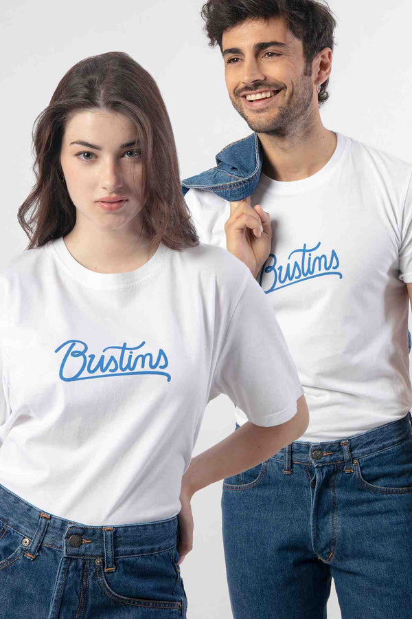 Camiseta con Lettering Bustins Azul Unisex