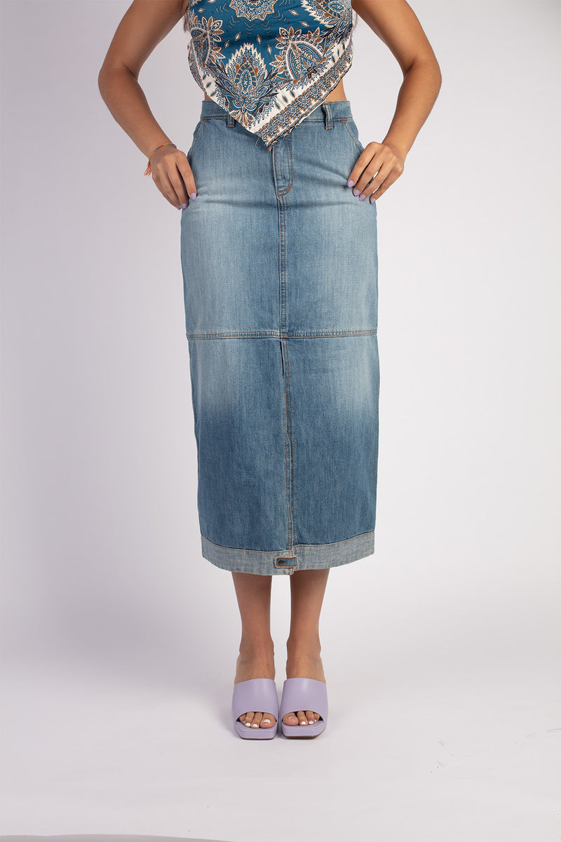 Long vintage denim skirt front